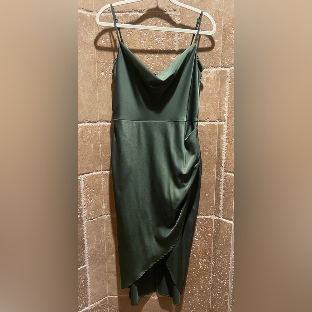 MORE TO COME Dark Green Satin Cowl Neck Midi Dress